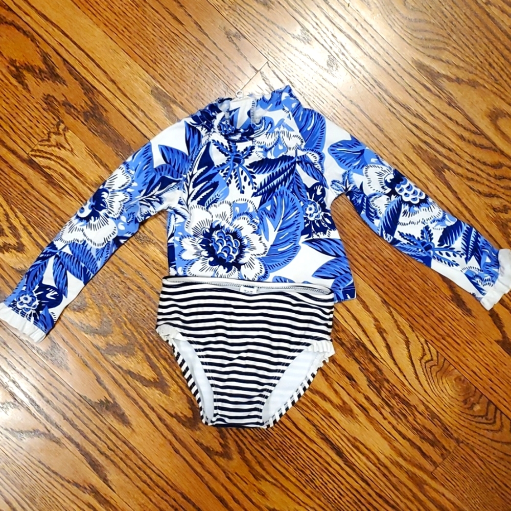 Janie and Jack Floral Striped Rash Guard 2 Piece Set Blue and White 12-18 Months